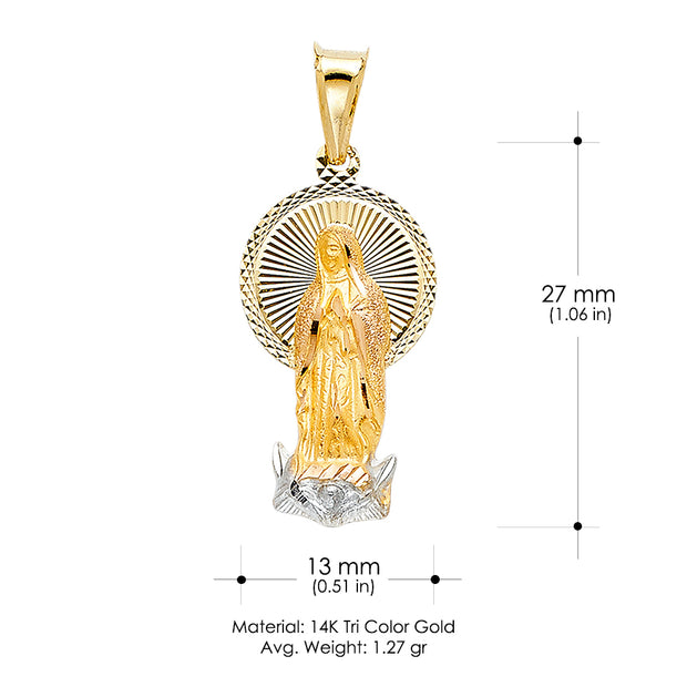 14K Gold Guadalupe Stamp Pendant with 2mm Figaro 3+1 Chain