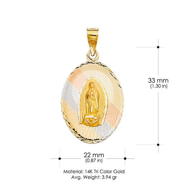 14K Gold Diamond Cut Guadalupe Stamp Charm Pendant with 1.4mm Round Wheat Chain Necklace