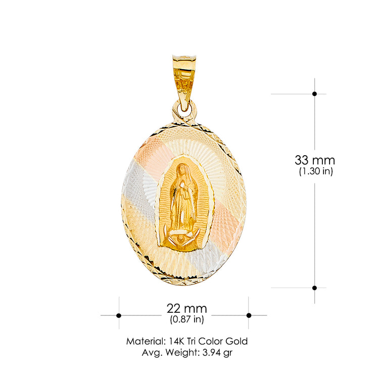 14K Gold Diamond Cut Guadalupe Stamp Religious Charm Pendant with 1.2mm Box Chain Necklace