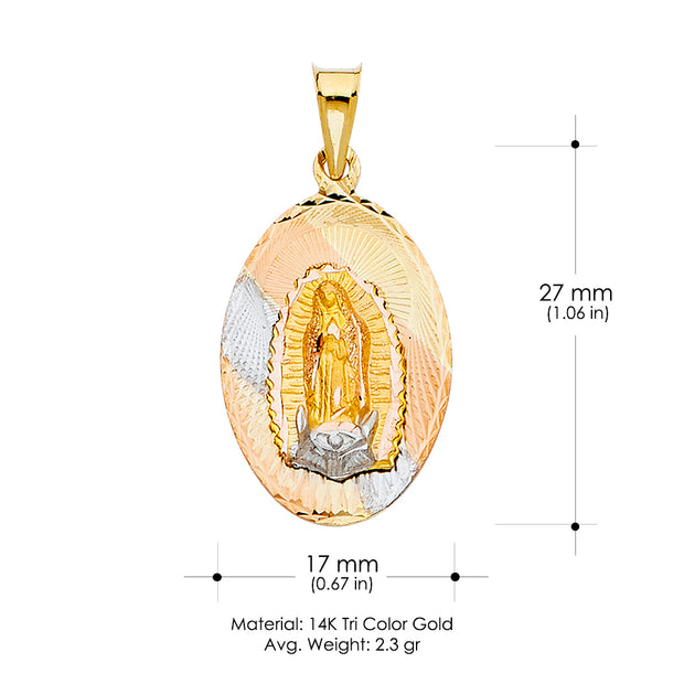 14K Gold Diamond Cut Guadalupe Stamp Religious Charm Pendant with 1.2mm Box Chain Necklace