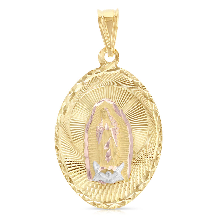 14K Gold Diamond Cut Guadalupe Stamp Religious Charm Pendant with 1.2mm Box Chain Necklace