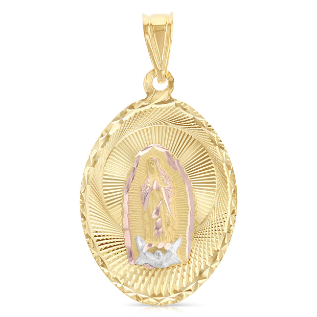 14K Gold Guadalupe Stamp Pendant with 2.3mm Figaro 3+1 Chain