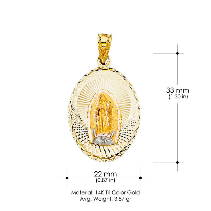 14K Gold Diamond Cut Guadalupe Stamp Religious Charm Pendant with 1.2mm Box Chain Necklace