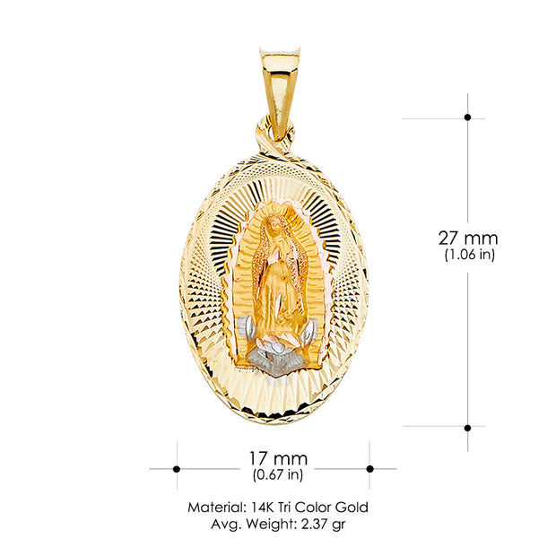 14K Gold Diamond Cut Guadalupe Stamp Religious Charm Pendant with 1.2mm Box Chain Necklace