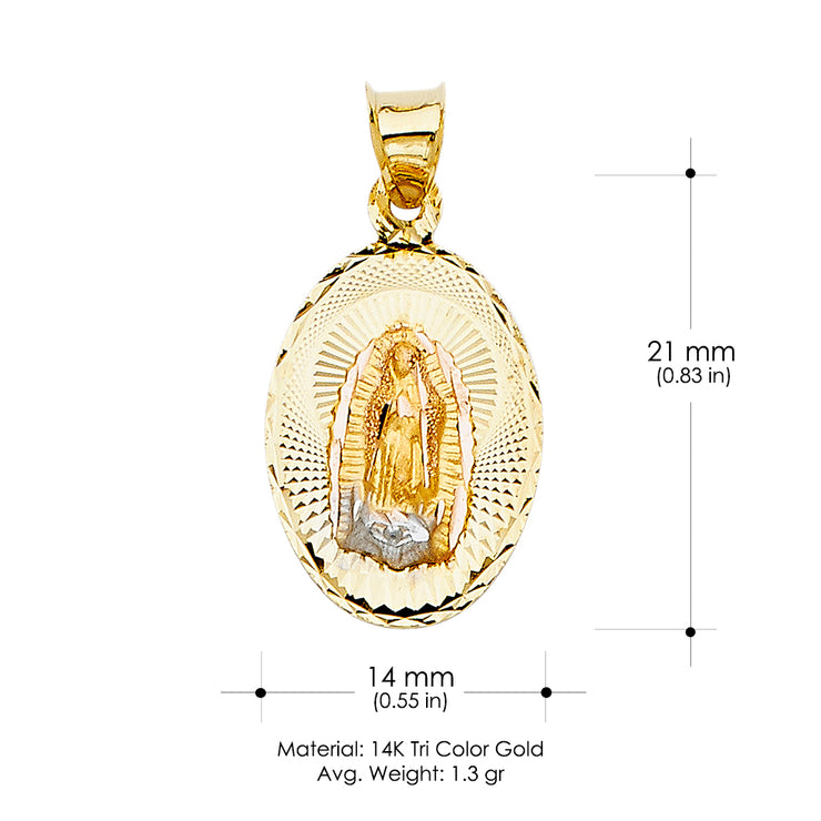 14K Gold Diamond Cut Guadalupe Stamp Religious Charm Pendant with 0.8mm Box Chain Necklace