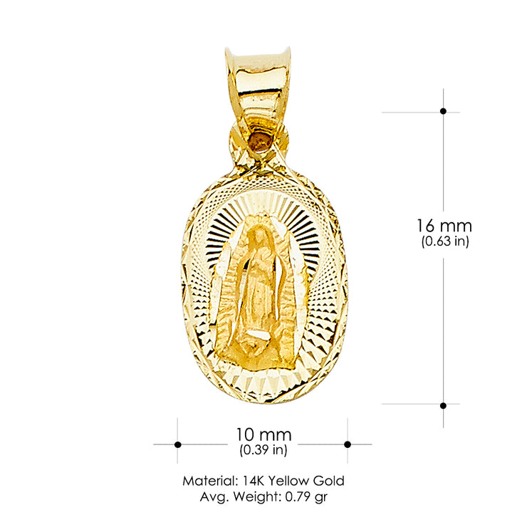 14K Gold Diamond Cut Guadalupe Stamp Charm Pendant with 0.9mm Wheat Chain Necklace