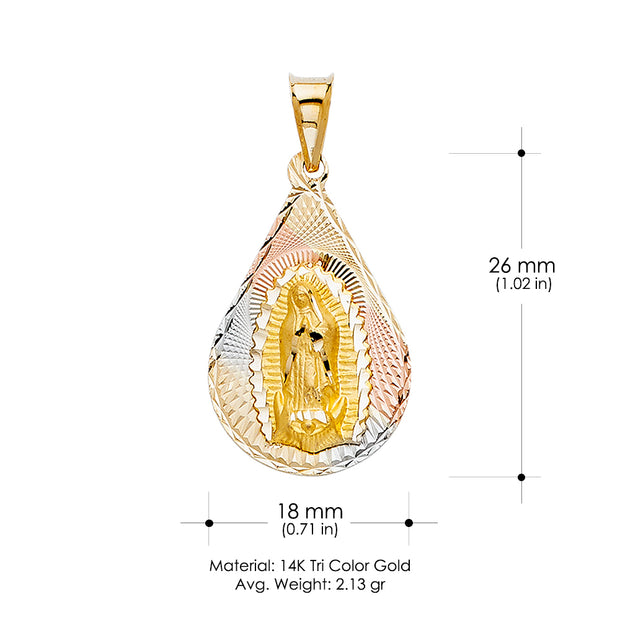 14K Gold Guadalupe Stamp Pendant with 2.3mm Figaro 3+1 Chain