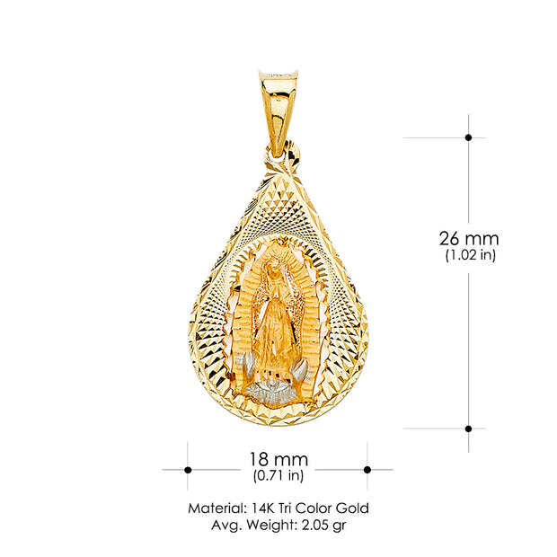 14K Gold Guadalupe Stamp Pendant with 3.4mm Hollow Cuban Chain