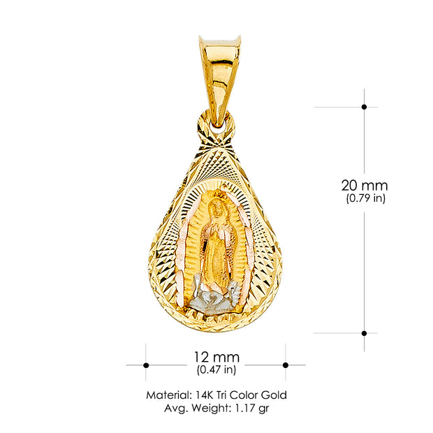 14K Gold Guadalupe Stamp Pendant with 2mm Figaro 3+1 Chain