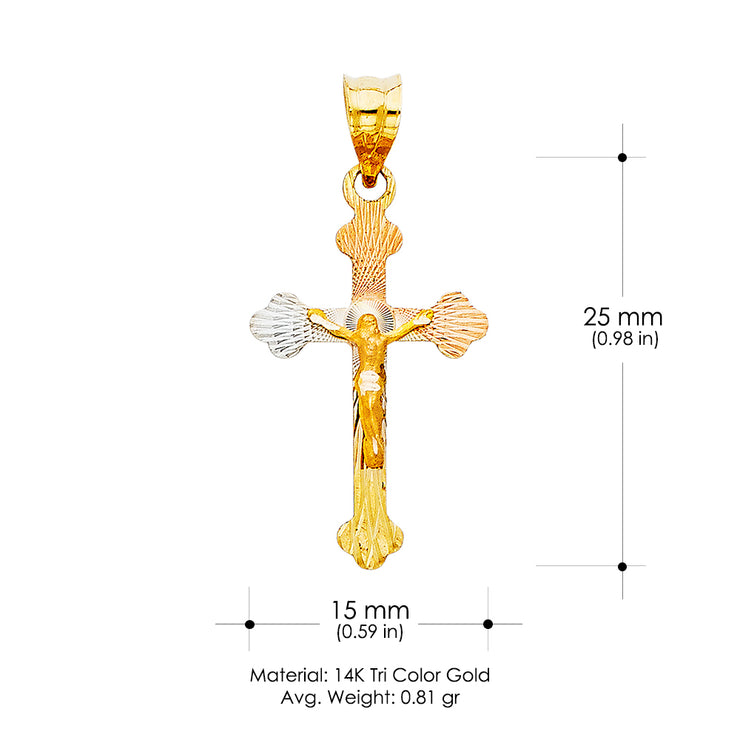 14K Gold Diamond Cut Crucifix Jesus Cross Stamp Charm Pendant with 1.1mm Wheat Chain Necklace