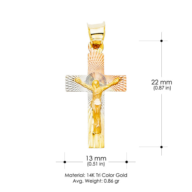 14K Gold Crucifix Jesus Cross Stamp Pendant with 2mm Figaro 3+1 Chain