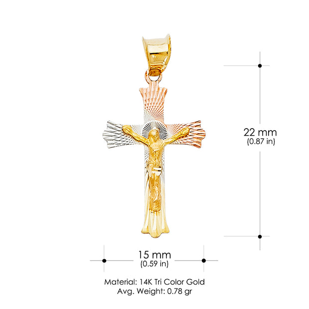 14K Gold Crucifix Jesus Cross Stamp Pendant with 2mm Figaro 3+1 Chain