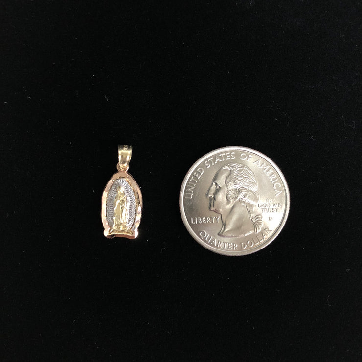 14K Gold Guadalupe Pendant with 2mm Hollow Cuban Bevel Chain