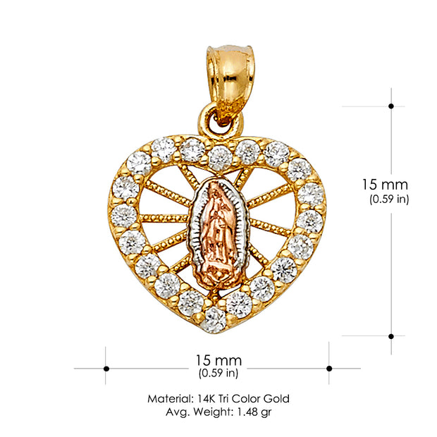 14K Gold Guadalupe Heart CZ Pendant with 2.3mm Hollow Cuban Chain