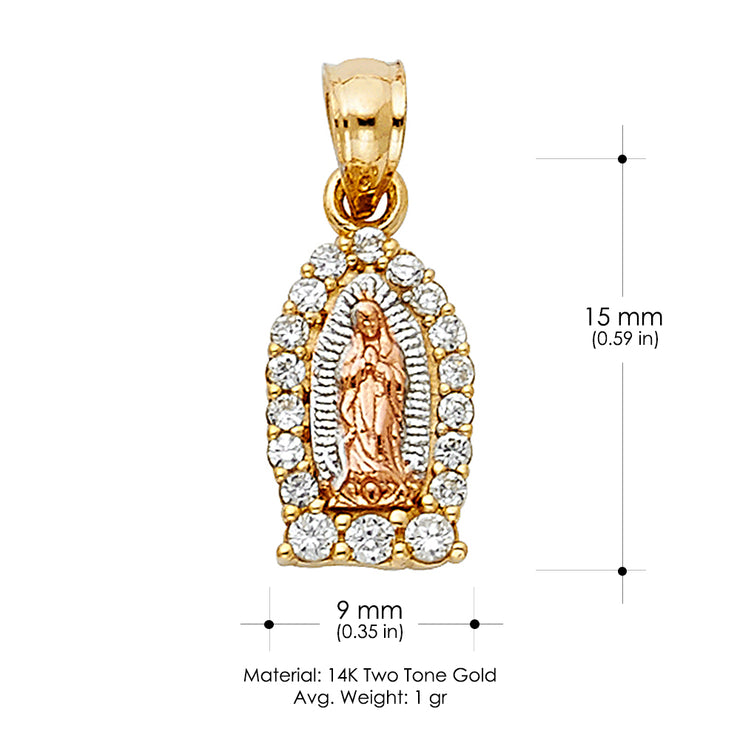 14K Gold Guadalupe CZ Pendant with 2mm Hollow Cuban Bevel Chain