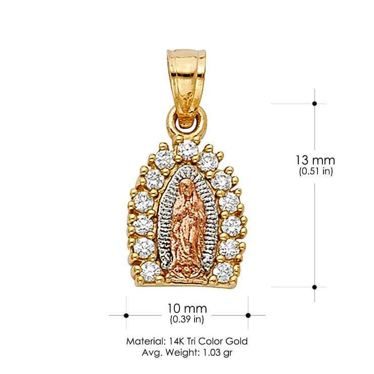 14K Gold Guadalupe CZ Pendant with 2mm Hollow Cuban Bevel Chain