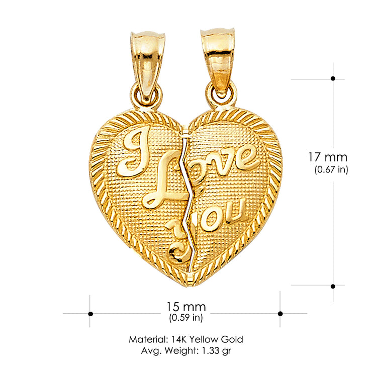 14K Gold Small 'I Love You' Couple Broken Heart Pendant with 2mm Figaro 3+1 Chain