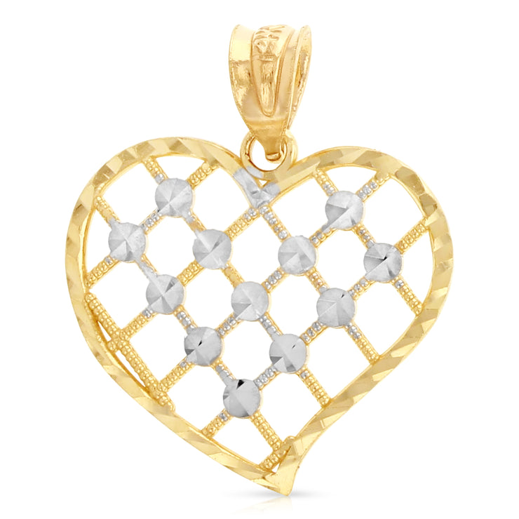 14K Gold Fancy Checkered Heart Charm Pendant with 1.1mm Wheat Chain Necklace