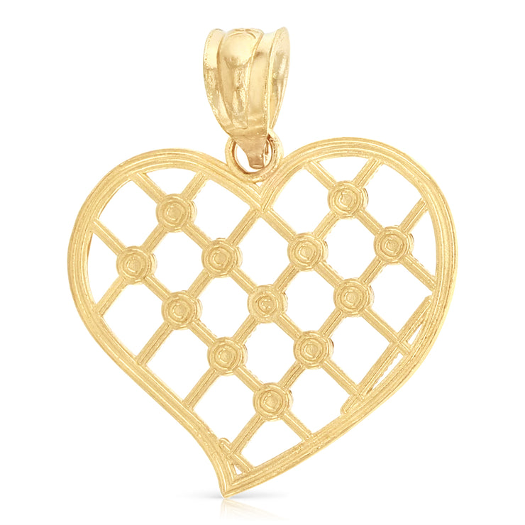 14K Gold Fancy Checkered Heart Charm Pendant with 1.1mm Wheat Chain Necklace