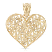 14K Gold Heart Pendant with 1.5mm Flat Open Wheat Chain