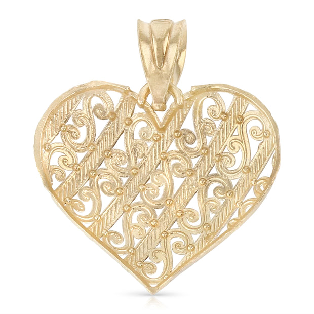 14K Gold Heart Pendant with 1.5mm Flat Open Wheat Chain