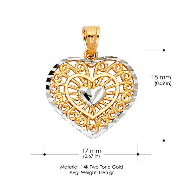 14K Gold Inside Heart Pendant with 2mm Figaro 3+1 Chain