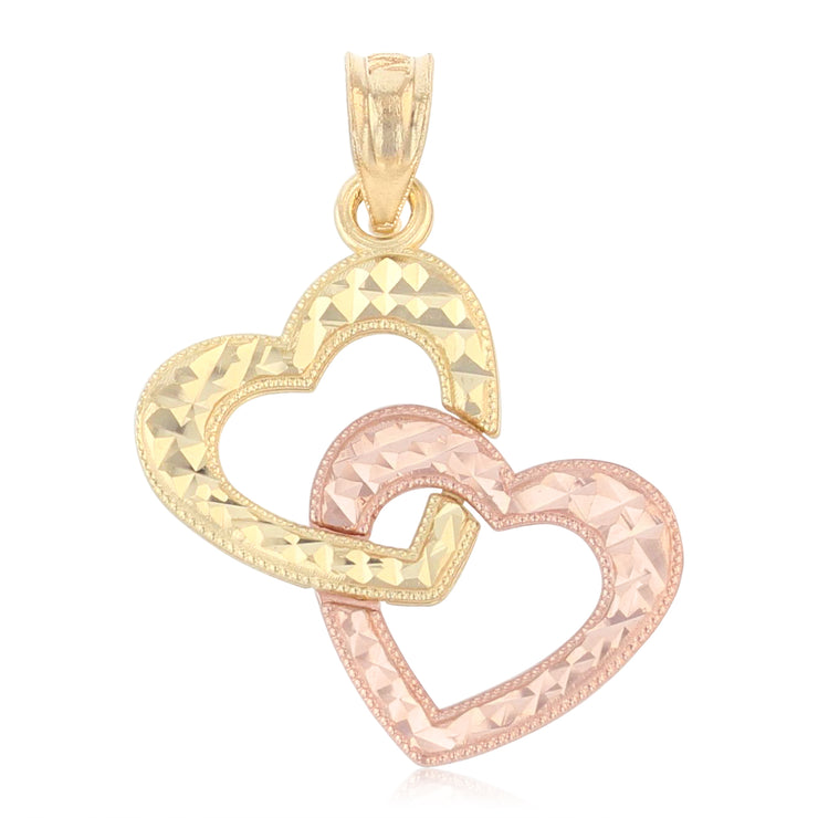 14K Gold Double Hanging Heart Charm Pendant with 0.9mm Wheat Chain Necklace