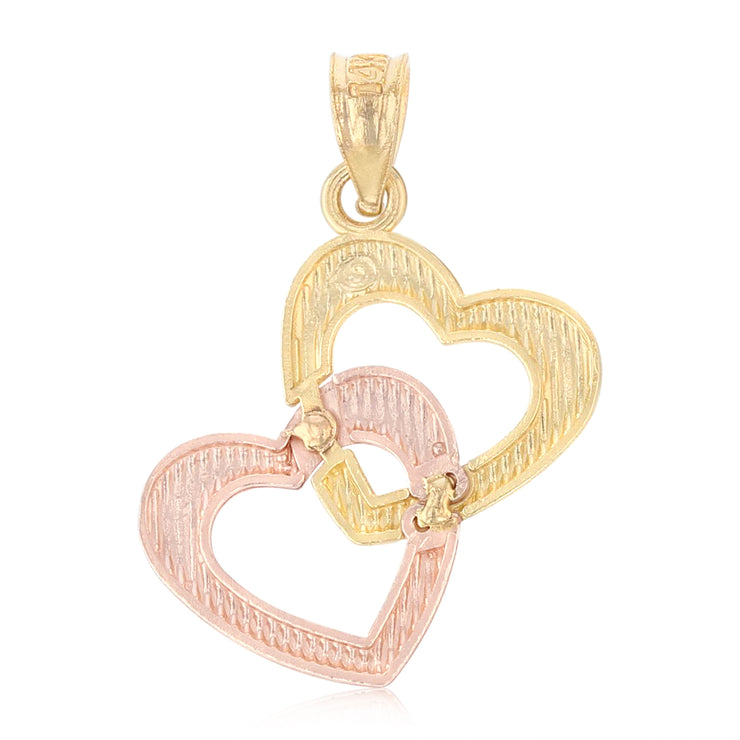 14K Gold Hanging Heart Pendant with 1.5mm Flat Open Wheat Chain