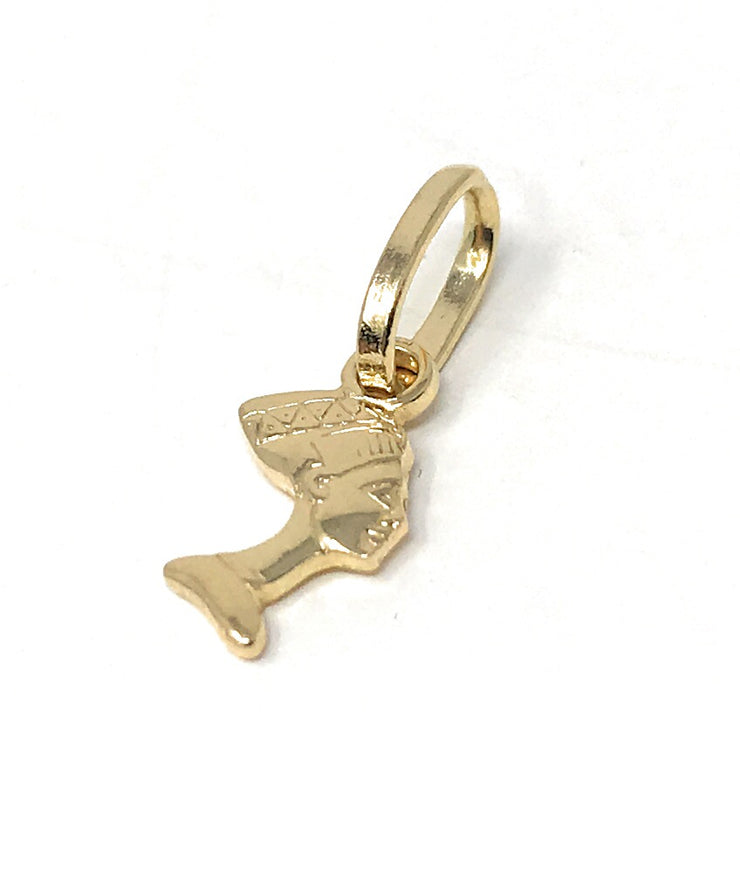 14K Gold Egyptian Queen Pharoah Nefertiti Charm Pendant with 1.2mm Flat Open Wheat Chain Necklace