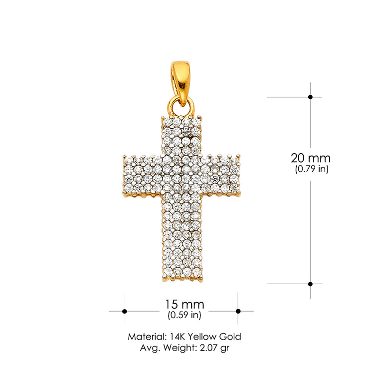 14K White Gold Fancy Cross CZ Studded  Charm Pendant with 1.5mm Flat Open Wheat Chain Necklace