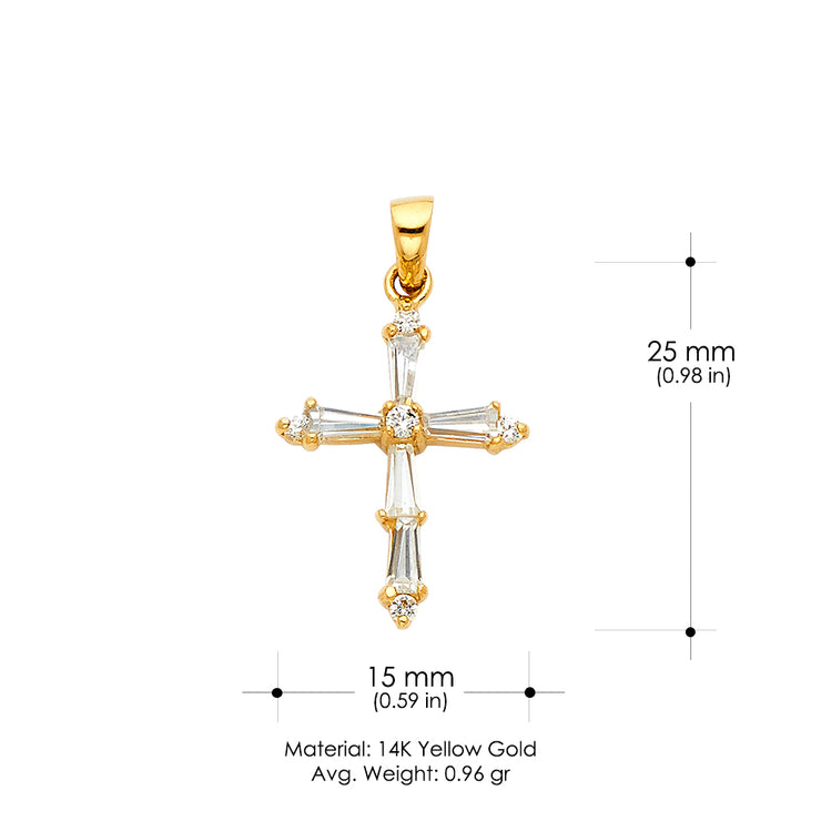 14K Gold Cross Tapered Baguette CZ  Charm Pendant with 1.2mm Flat Open Wheat Chain Necklace