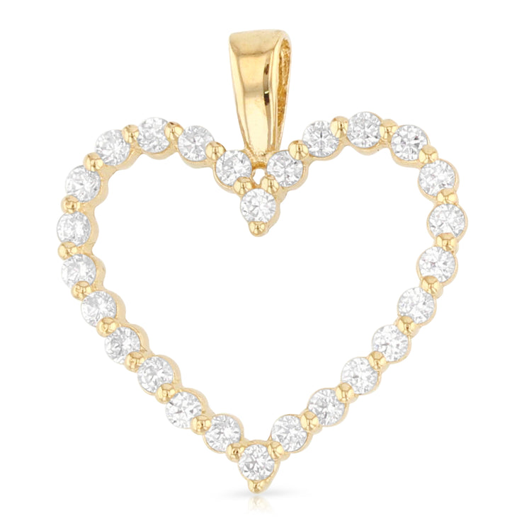 14K Gold Open Fancy Heart Round Cut CZ Charm Pendant with 1.2mm Singapore Chain Necklace