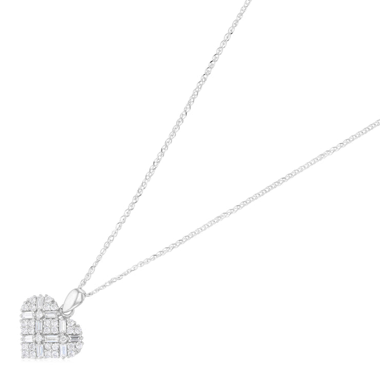 14K Gold Heart Cross Hatch CZ Pendant with 1.3mm Flat Open Wheat Chain