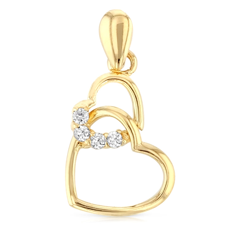 14K Gold Dual Interlocking Hearts CZ Charm Pendant with 1.2mm Flat Open Wheat Chain Necklace