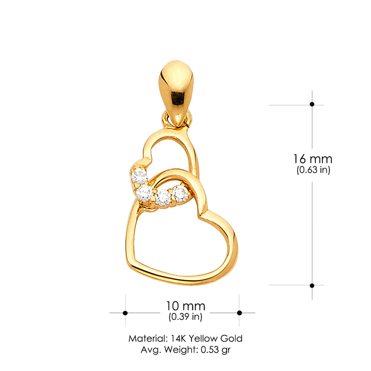 14K Gold Dual Interlocking Hearts CZ Charm Pendant with 1.2mm Flat Open Wheat Chain Necklace