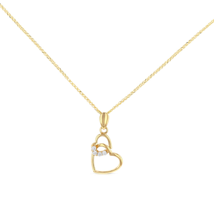 14K Gold Dual Interlocking Hearts CZ Charm Pendant with 1.2mm Flat Open Wheat Chain Necklace