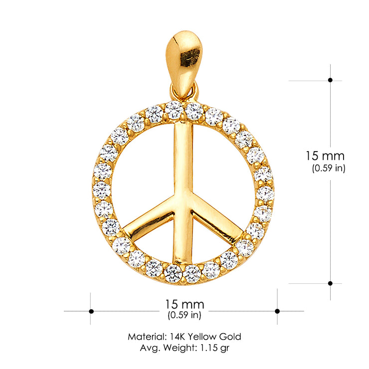 14K Gold Fancy Peace Sign CZ Charm Pendant with 1.2mm Flat Open Wheat Chain Necklace