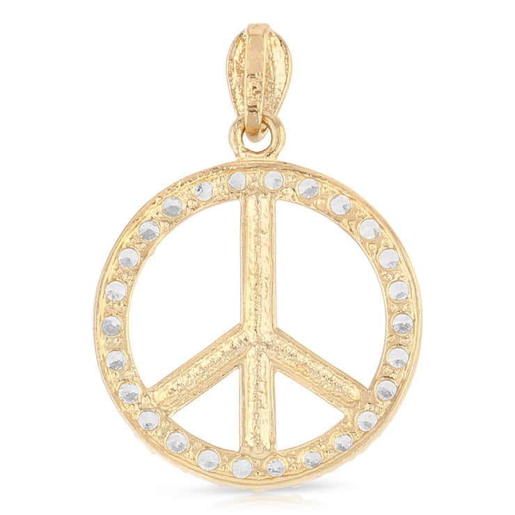 14K Gold Fancy Peace Sign CZ Charm Pendant with 1.2mm Singapore Chain Necklace