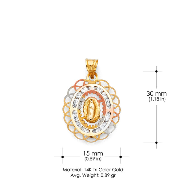 14K Gold Guadalupe CZ Pendant with 2mm Figaro 3+1 Chain