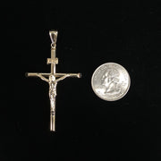 14K Gold Crucifix Charm Pendant with 1.4mm Round Wheat Chain Necklace