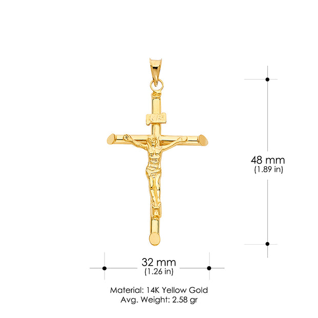 14K Gold Crucifix Charm Pendant with 1.4mm Round Wheat Chain Necklace