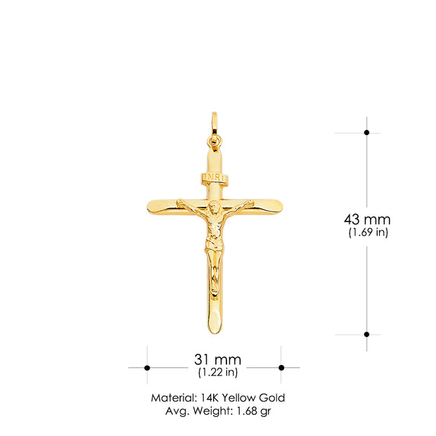 14K Gold Crucifix Charm Pendant with 1.4mm Round Wheat Chain Necklace