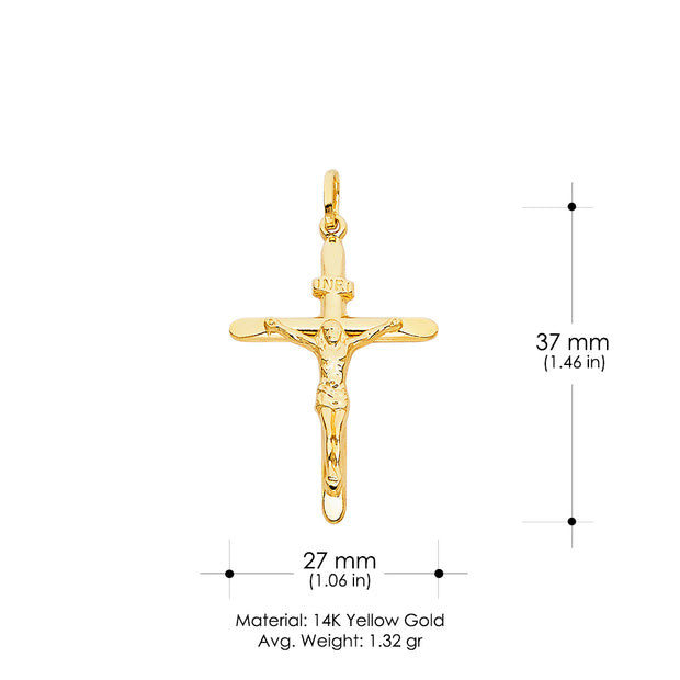 14K Gold Crucifix Charm Pendant with 1.4mm Round Wheat Chain Necklace