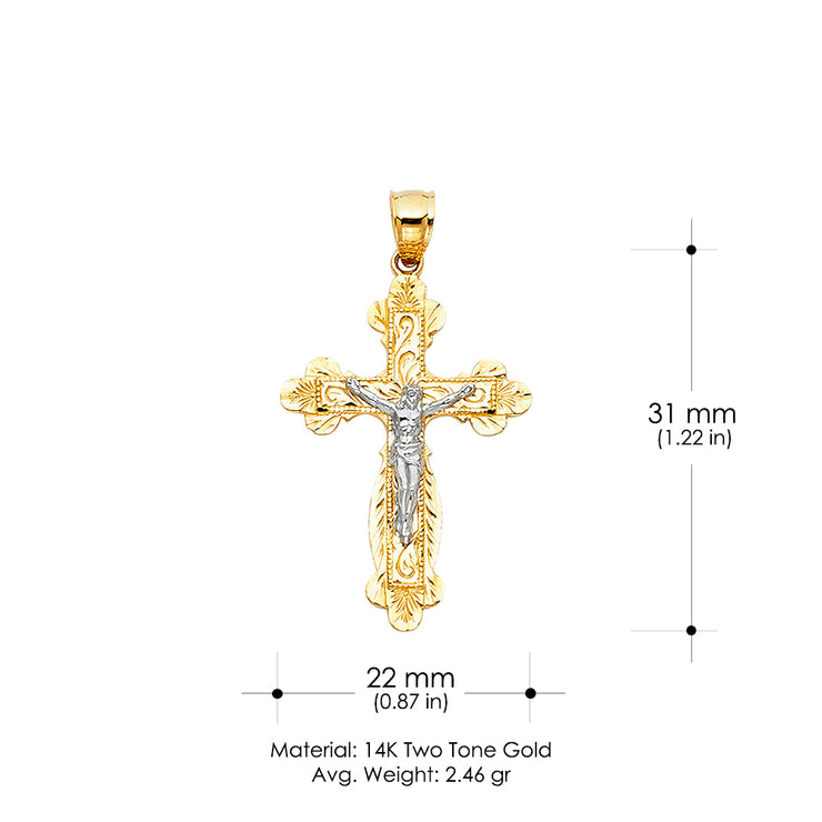 14K Gold Crucifix Pendant with 1.5mm Flat Open Wheat Chain