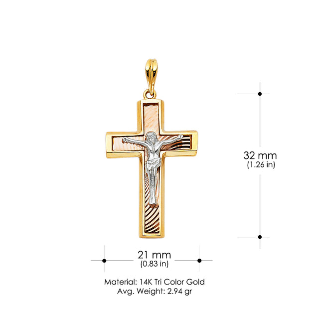 14K Gold Crucifix Pendant with 1.7mm Flat Open Wheat Chain