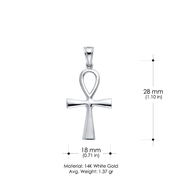 14K White Gold Egyptian Ankh Cross Charm Pendant with 2mm Rope Chain Necklace