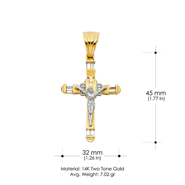 14K Gold CZ Crucifix Charm Pendant with 1.4mm Round Wheat Chain Necklace