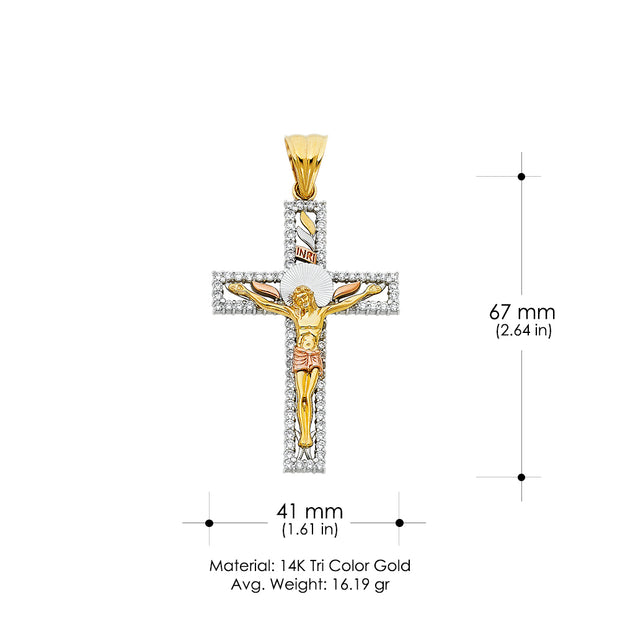 14K Gold CZ Crucifix Pendant with 3.8mm Figaro 3+1 Chain