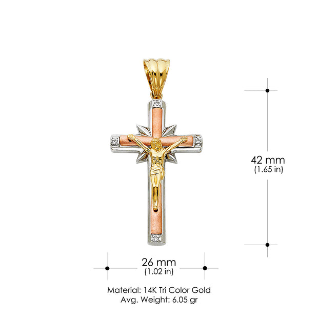 14K Gold CZ Crucifix Charm Pendant with 1.4mm Round Wheat Chain Necklace