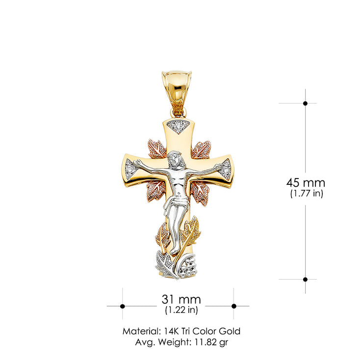 14K Gold CZ Crucifix Pendant with 3.4mm Hollow Cuban Chain